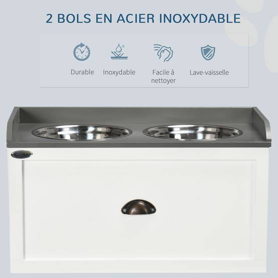 Gamelle double chien chat - porte-gamelles surélevé rangement 2 en 1 - tiroir, 2 gamelles - acier inox. MDF blanc gris - Image 8