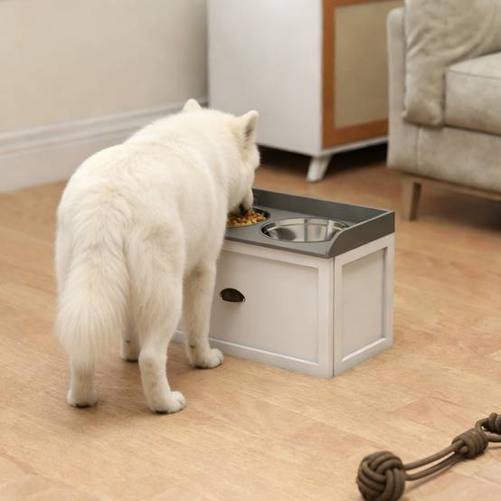 Gamelle double chien chat - porte-gamelles surélevé rangement 2 en 1 - tiroir, 2 gamelles - acier inox. MDF blanc gris - Image 4
