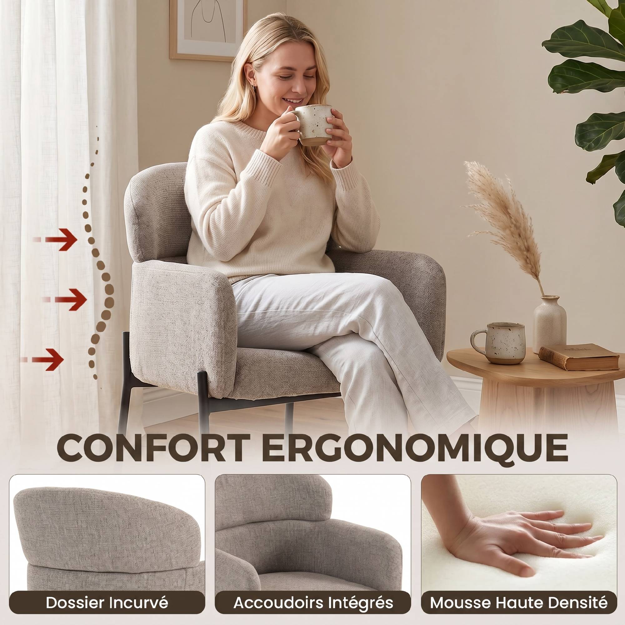 Fauteuil Salon, Fauteuil d'Appoint Rembourré en Chenille avec Dossier Courbé et Accoudoirs, Pieds en Métal, Marron Clair - Image 6