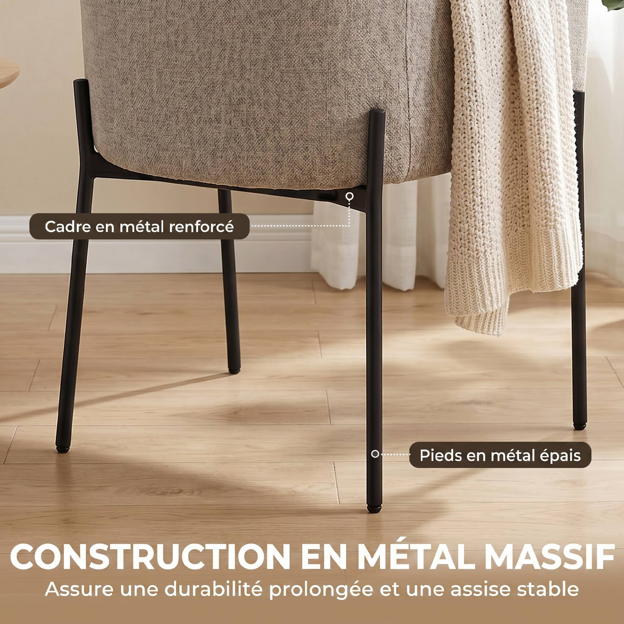 Fauteuil Salon, Fauteuil d'Appoint Rembourré en Chenille avec Dossier Courbé et Accoudoirs, Pieds en Métal, Marron Clair - Image 9