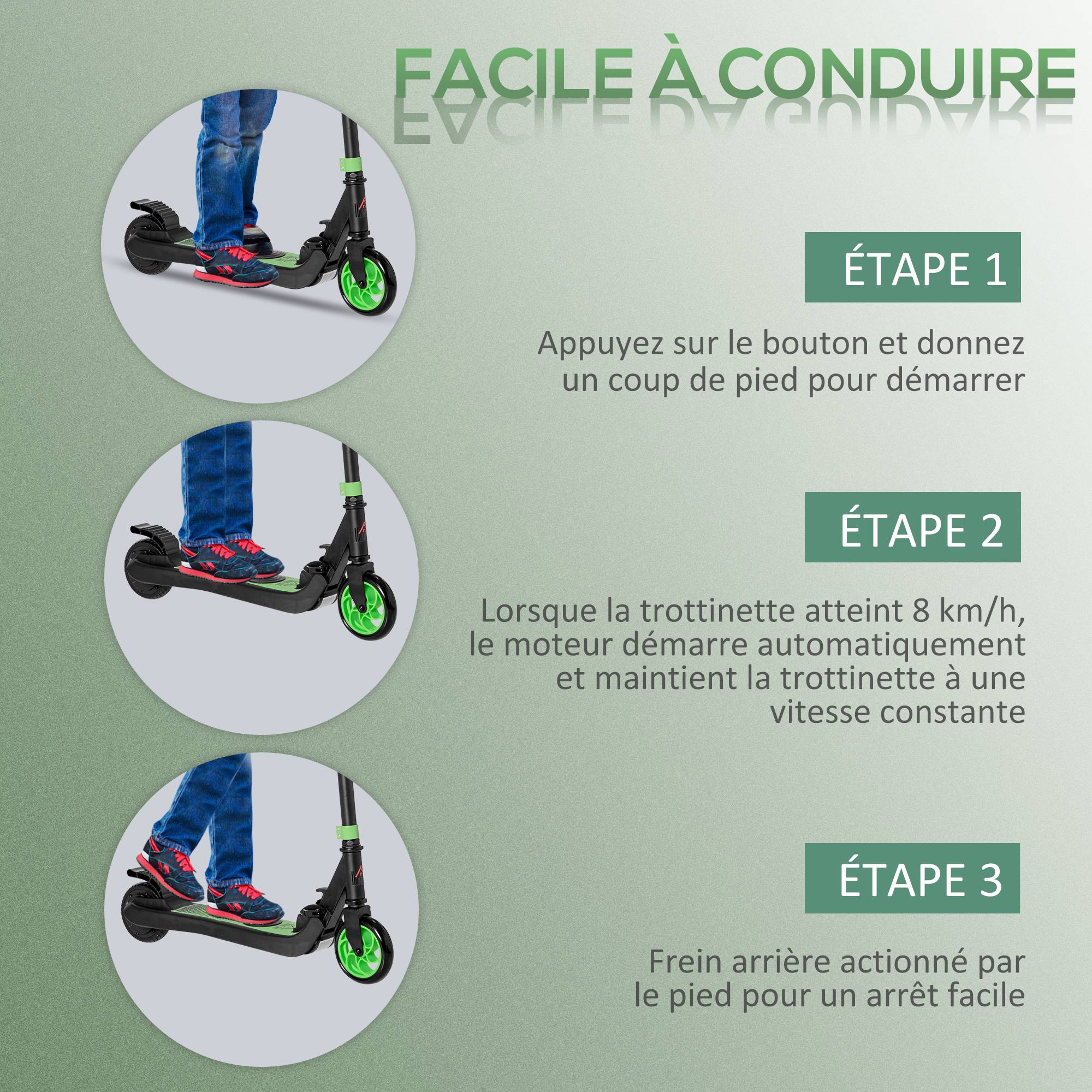 Trottinette électrique enfants 6 ans + pliable scooter électrique vitesse 8 km/h 71x36,5x75-80cm, aluminium, acier, vert - Image 7