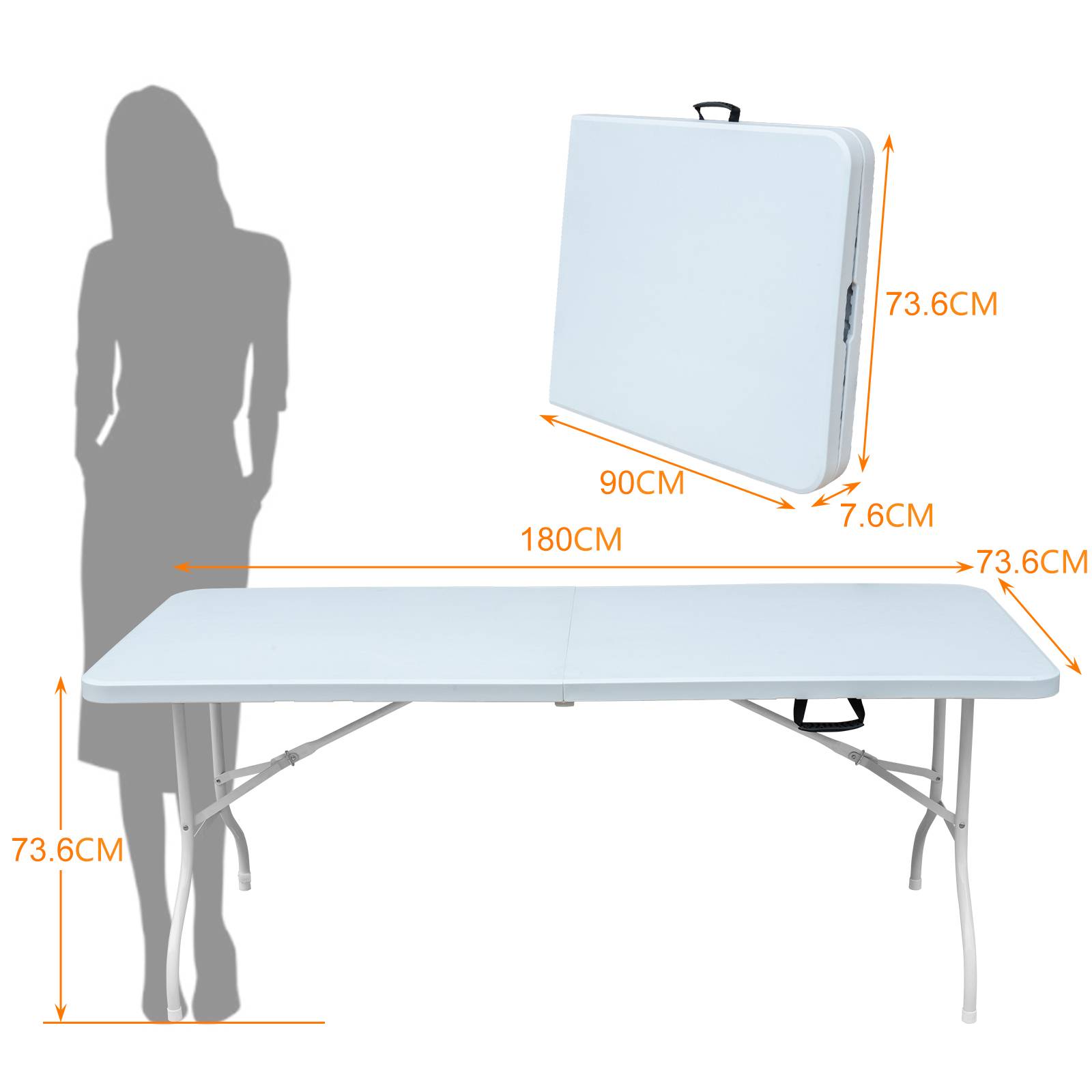Table pliante robuste 180cm, portable avec poignée, multifonctionnelle fêtes camping intérieur extérieur, charge 135kg (blanc) - Image 6
