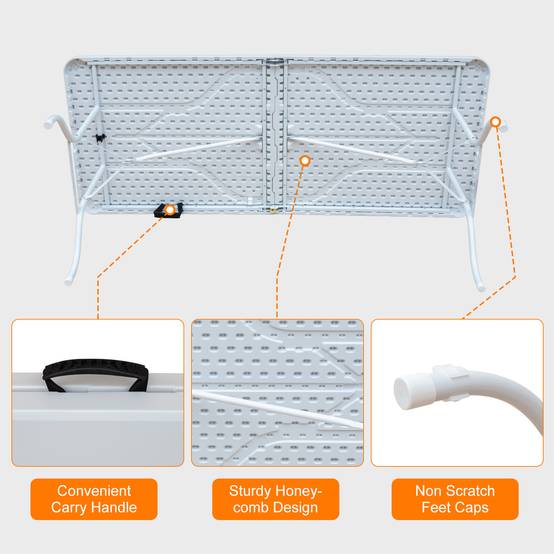 Table pliante robuste 180cm, portable avec poignée, multifonctionnelle fêtes camping intérieur extérieur, charge 135kg (blanc) - Image 2