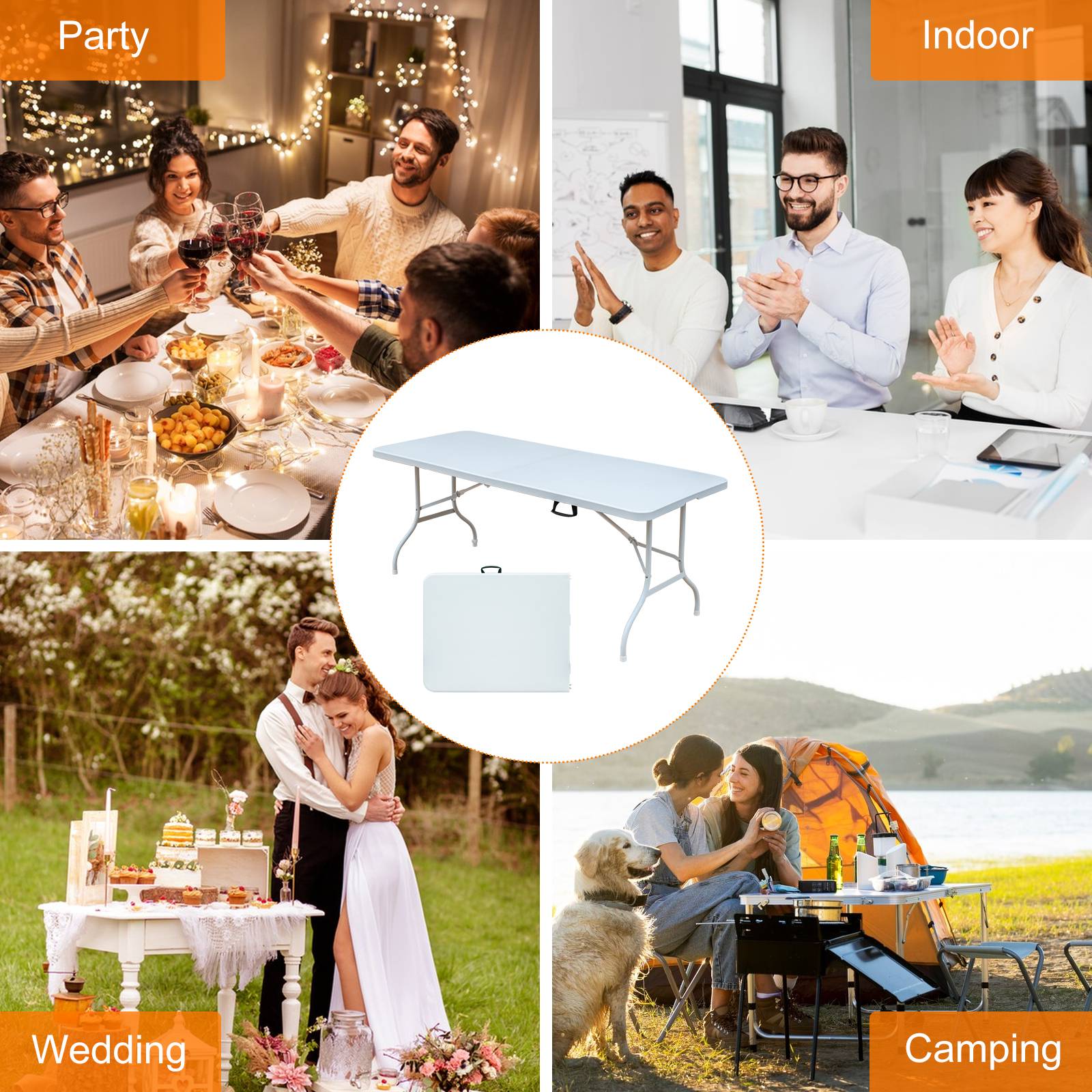 Table pliante robuste 180cm, portable avec poignée, multifonctionnelle fêtes camping intérieur extérieur, charge 135kg (blanc) - Image 7