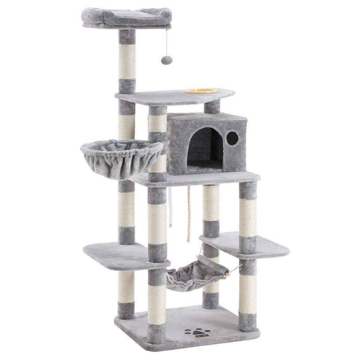 Helloshop26 - Arbre à chat hauteur de 174 cm multi-niveaux avec bol panier niche maison de jeu meubles pour chatons chats et félins couleur grise claire - Imagen 1