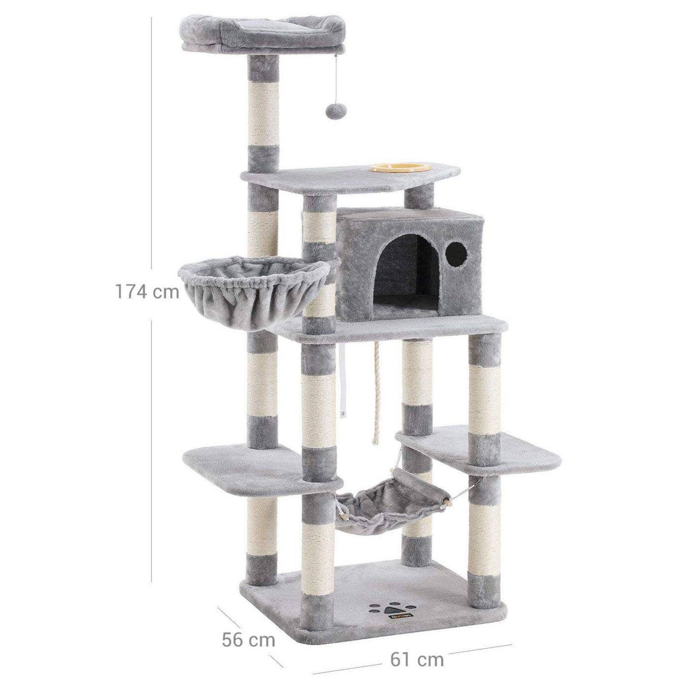 Helloshop26 - Arbre à chat hauteur de 174 cm multi-niveaux avec bol panier niche maison de jeu meubles pour chatons chats et félins couleur grise claire - Imagen 3