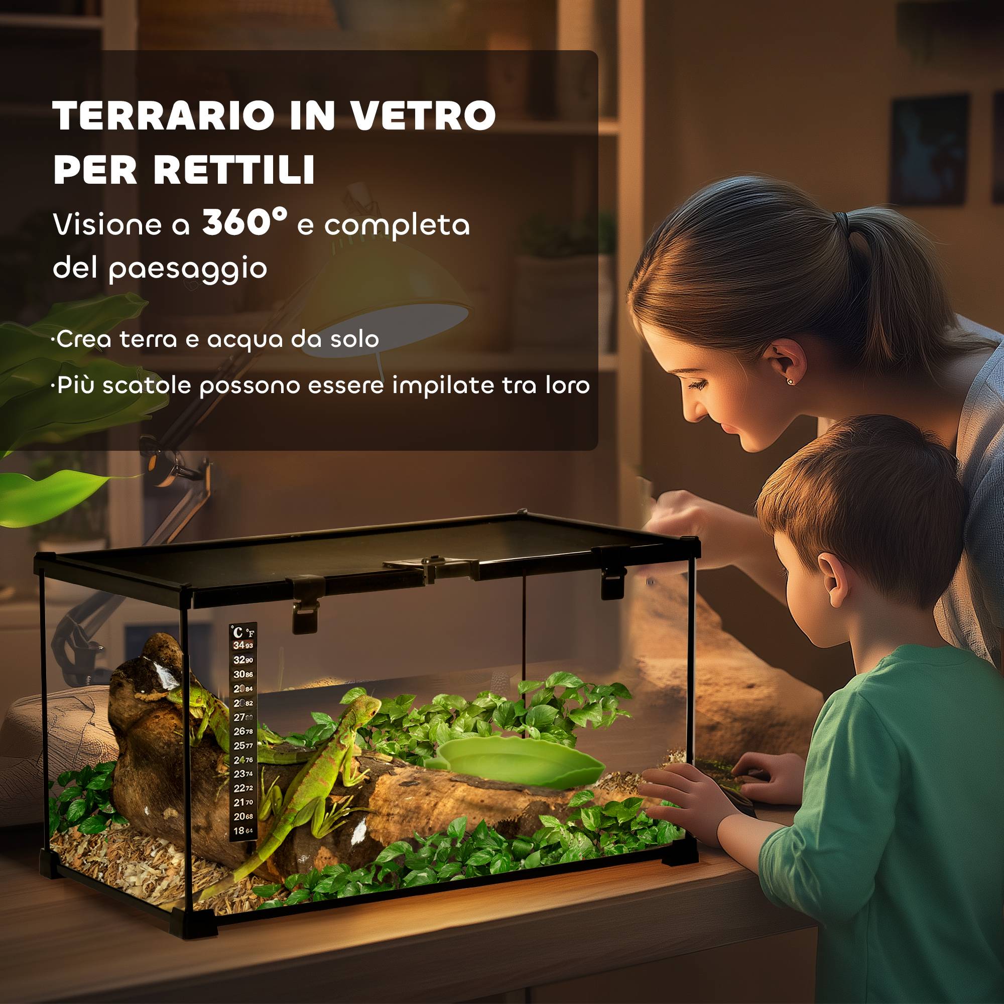 Terrarium Verre Surélevé Reptiles Grille Métal Anti-Fugue 50x30cm Noir - ComfortXL Outdoor Living - Image 6