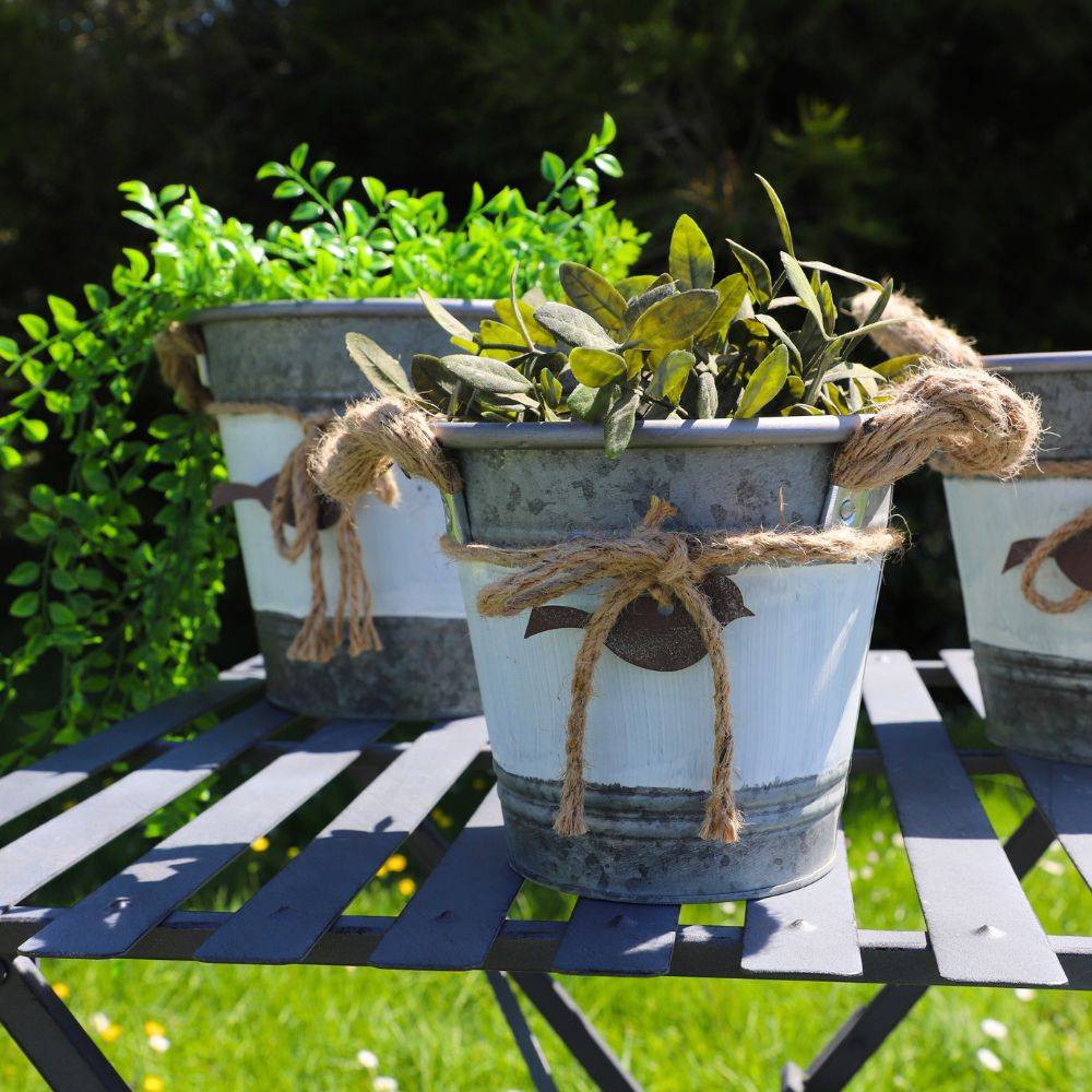 ~Set3 jardinières extérieures bassines sceaux métal gris 21.5-26-29cm Chemin de campagne - Imagen 4