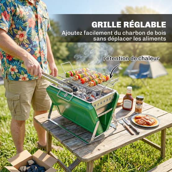Barbecue charbon portable métal vert 40 x 28 x 25.5 cm - PANGIVO - Image 7