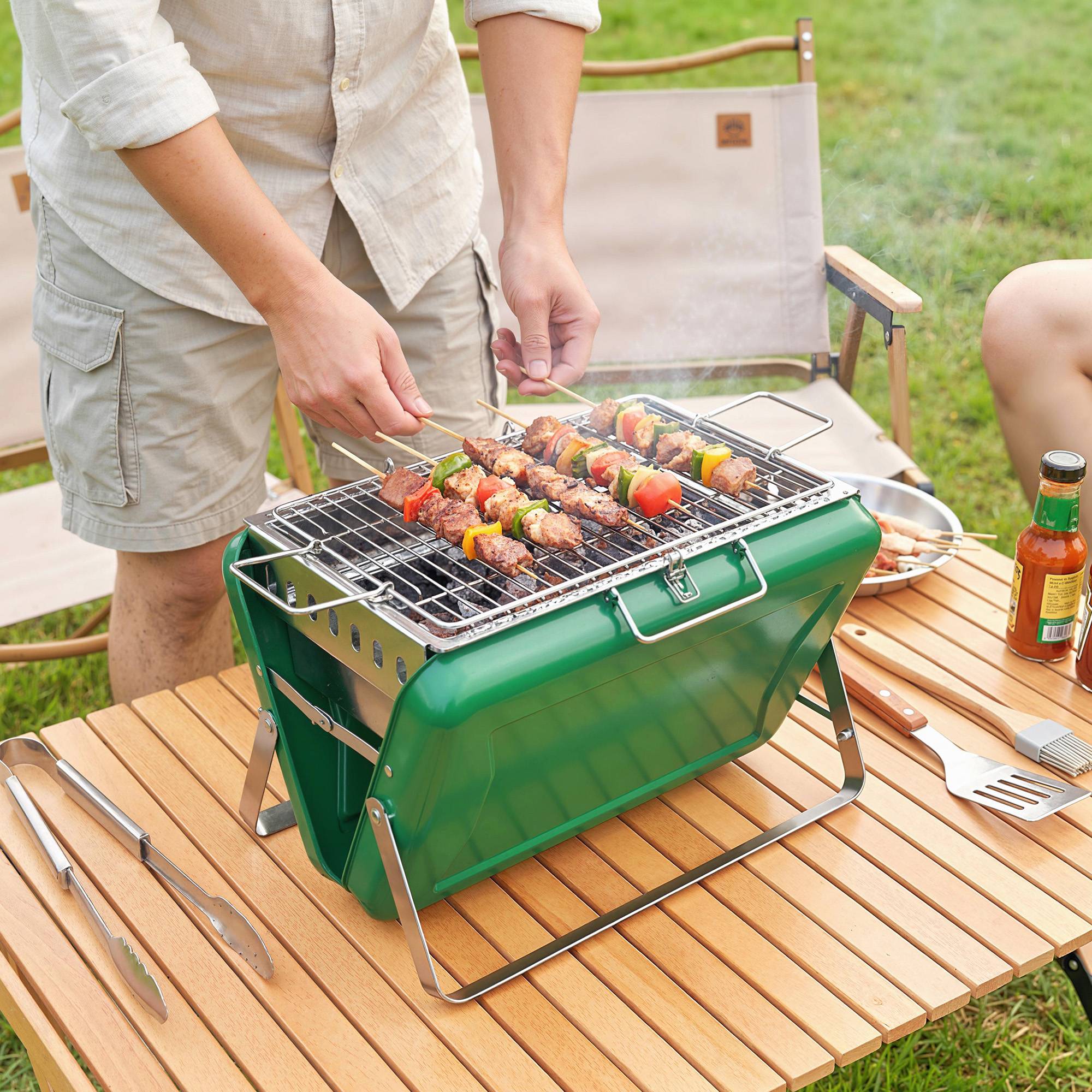 Barbecue charbon portable métal vert 40 x 28 x 25.5 cm - PANGIVO - Image 4