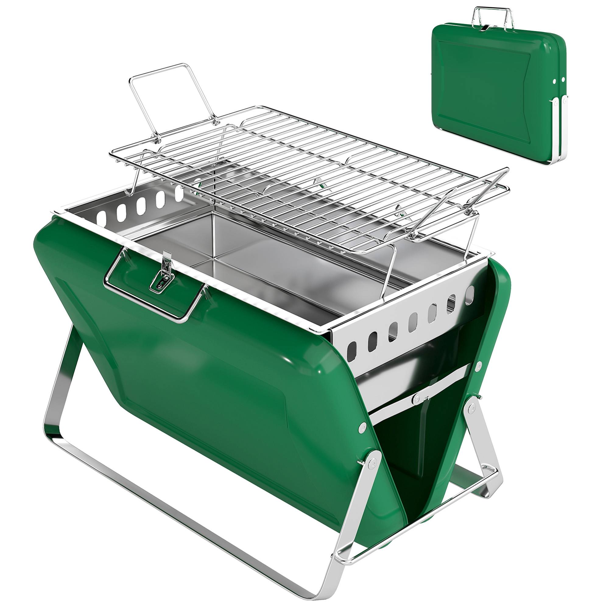 Barbecue charbon portable métal vert 40 x 28 x 25.5 cm - PANGIVO - Image 2