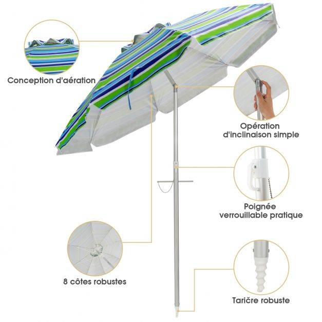 Helloshop26 - Parasol de plage φ182 cm inclinable protection uv 50+ à 8 baleines en fibre de verre pour plage piscine jardin bande bleu et vert - Imagen 7