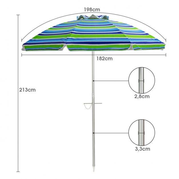 Helloshop26 - Parasol de plage φ182 cm inclinable protection uv 50+ à 8 baleines en fibre de verre pour plage piscine jardin bande bleu et vert - Imagen 8