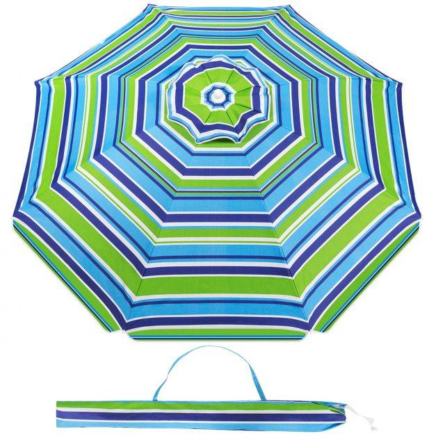 Helloshop26 - Parasol de plage φ182 cm inclinable protection uv 50+ à 8 baleines en fibre de verre pour plage piscine jardin bande bleu et vert - Imagen 4