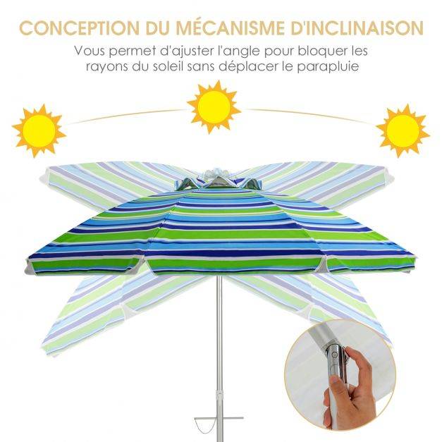 Helloshop26 - Parasol de plage φ182 cm inclinable protection uv 50+ à 8 baleines en fibre de verre pour plage piscine jardin bande bleu et vert - Imagen 5