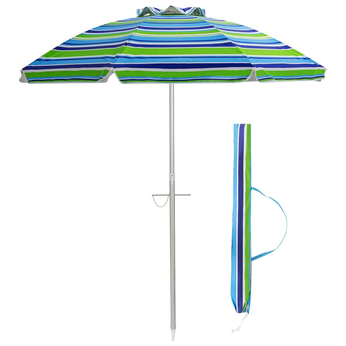 Helloshop26 - Parasol de plage φ182 cm inclinable protection uv 50+ à 8 baleines en fibre de verre pour plage piscine jardin bande bleu et vert - Imagen 1