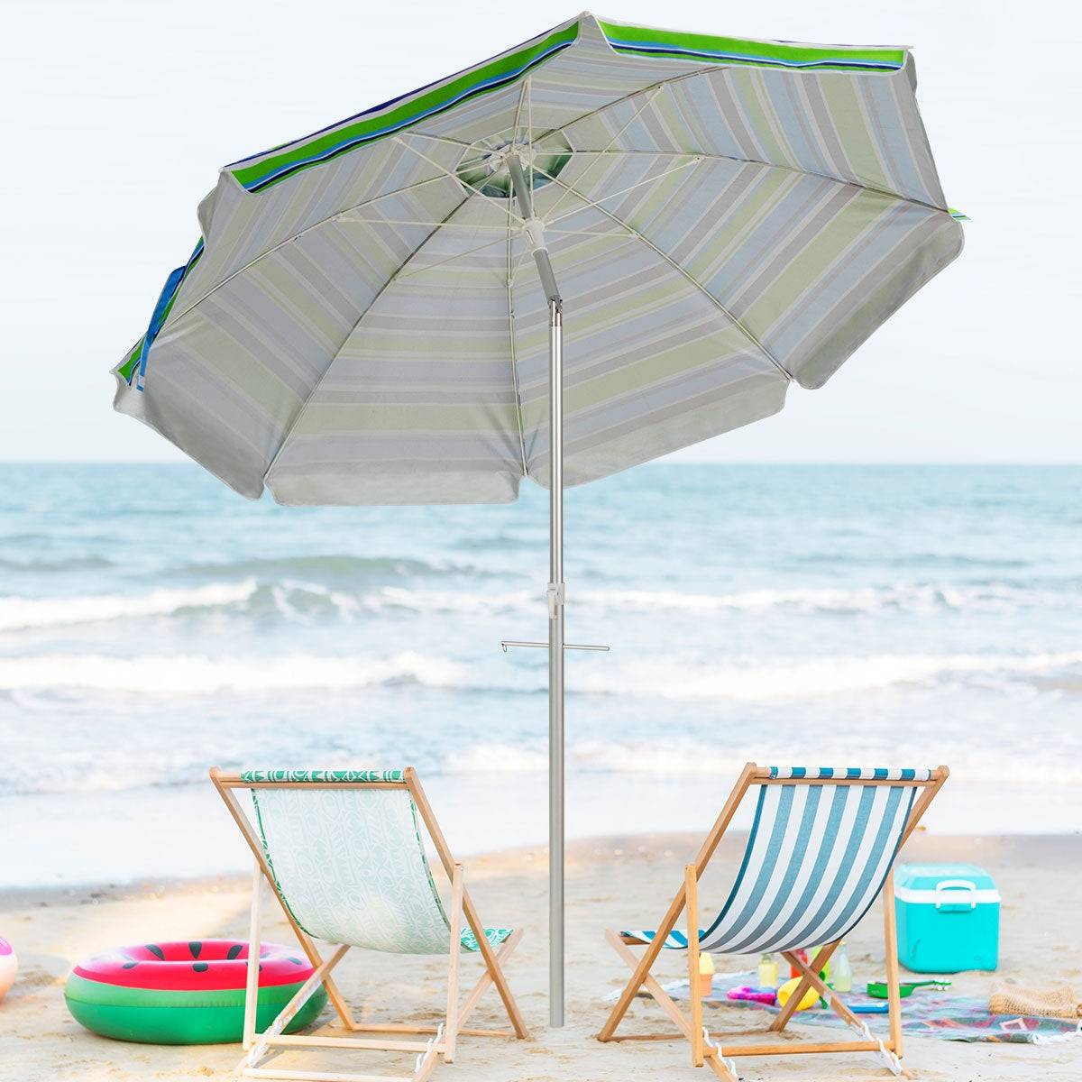 Helloshop26 - Parasol de plage φ182 cm inclinable protection uv 50+ à 8 baleines en fibre de verre pour plage piscine jardin bande bleu et vert - Imagen 2