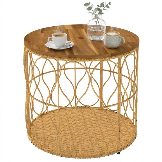 ComfortXL - Table d’appoint ronde rotin PE et acacia Ø50 cm teinte teck intérieur extérieur - ComfortXL Outdoor Living - Image 1