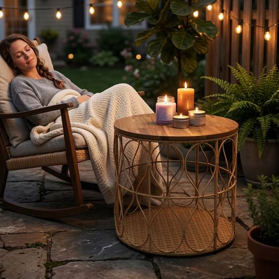 ComfortXL - Table d’appoint ronde rotin PE et acacia Ø50 cm teinte teck intérieur extérieur - ComfortXL Outdoor Living - Image 10