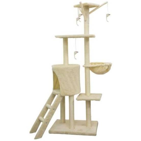 JIPSY Arbre a chat beige 79 x 34 x 138 cm - 3 plateformes, 1 perchoir, 1 niche, 1 escalier, poteaux a griffer - Image 1