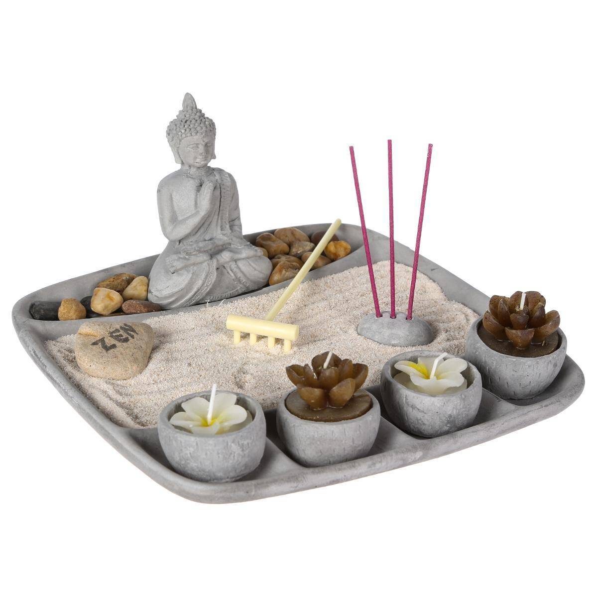 Atmosphera - Jardin zen avec 4 bougies Aditya 23x23cm ciment - Atmosphera Créateur d'intérieur - Imagen 1