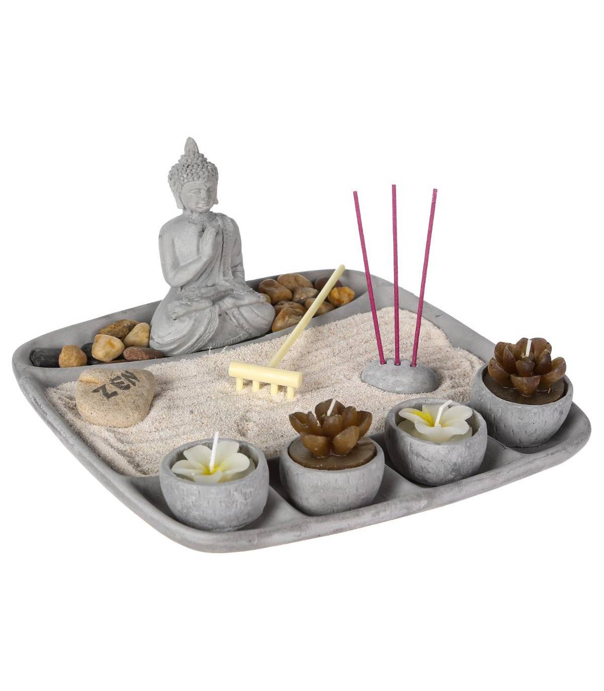 Jardin Zen Bouddha sur un plateau avec Bougies, Encens et décoration - Image 1