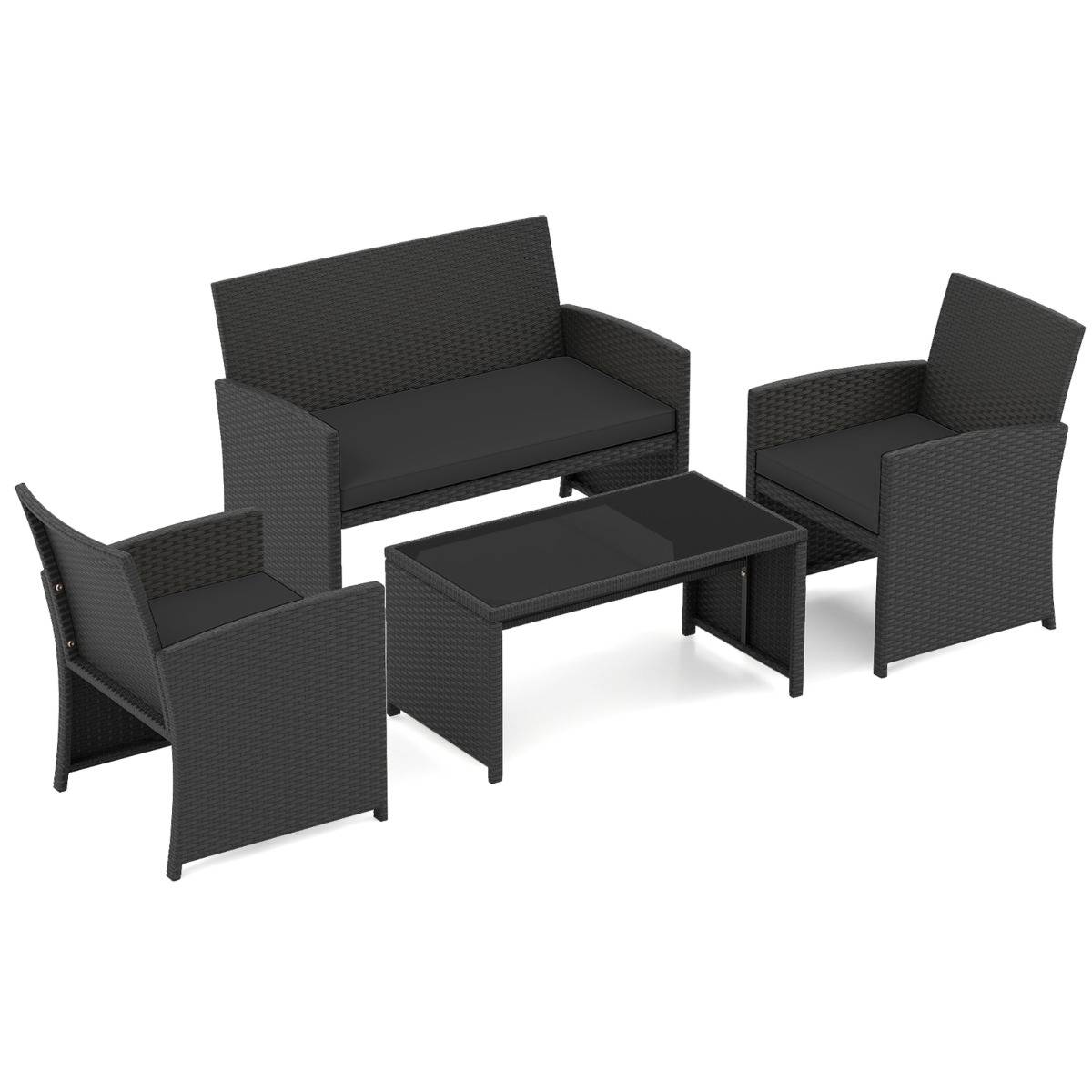 Ensemble de Salon de Jardin en Rotin PE 4 Pièces Canapé 2 Places en Osier avec Fauteuils et Table Basse en Verre Trempé Noir MAISON CHIC - Image 7