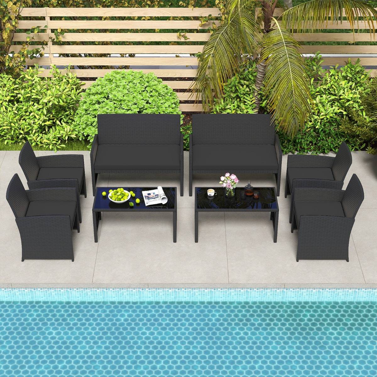 Ensemble de Salon de Jardin en Rotin PE 4 Pièces Canapé 2 Places en Osier avec Fauteuils et Table Basse en Verre Trempé Noir MAISON CHIC - Image 3