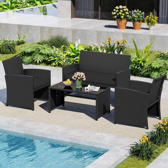 Ensemble de Salon de Jardin en Rotin PE 4 Pièces Canapé 2 Places en Osier avec Fauteuils et Table Basse en Verre Trempé Noir MAISON CHIC - Image 4