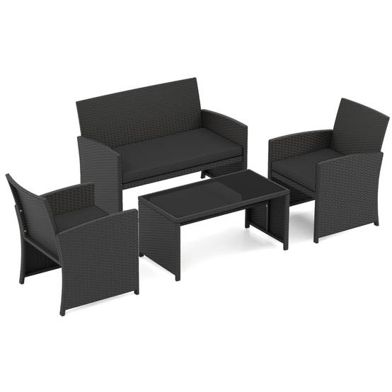 Ensemble de Salon de Jardin en Rotin PE 4 Pièces Canapé 2 Places en Osier avec Fauteuils et Table Basse en Verre Trempé Noir MAISON CHIC - Image 1