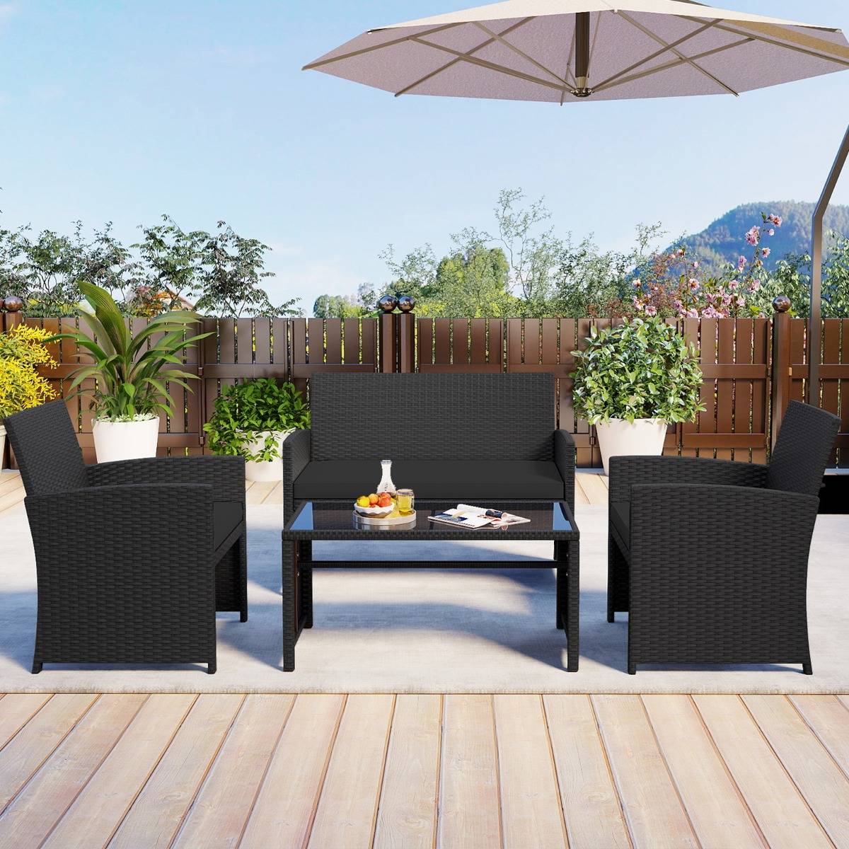 Ensemble de Salon de Jardin en Rotin PE 4 Pièces Canapé 2 Places en Osier avec Fauteuils et Table Basse en Verre Trempé Noir MAISON CHIC - Image 2