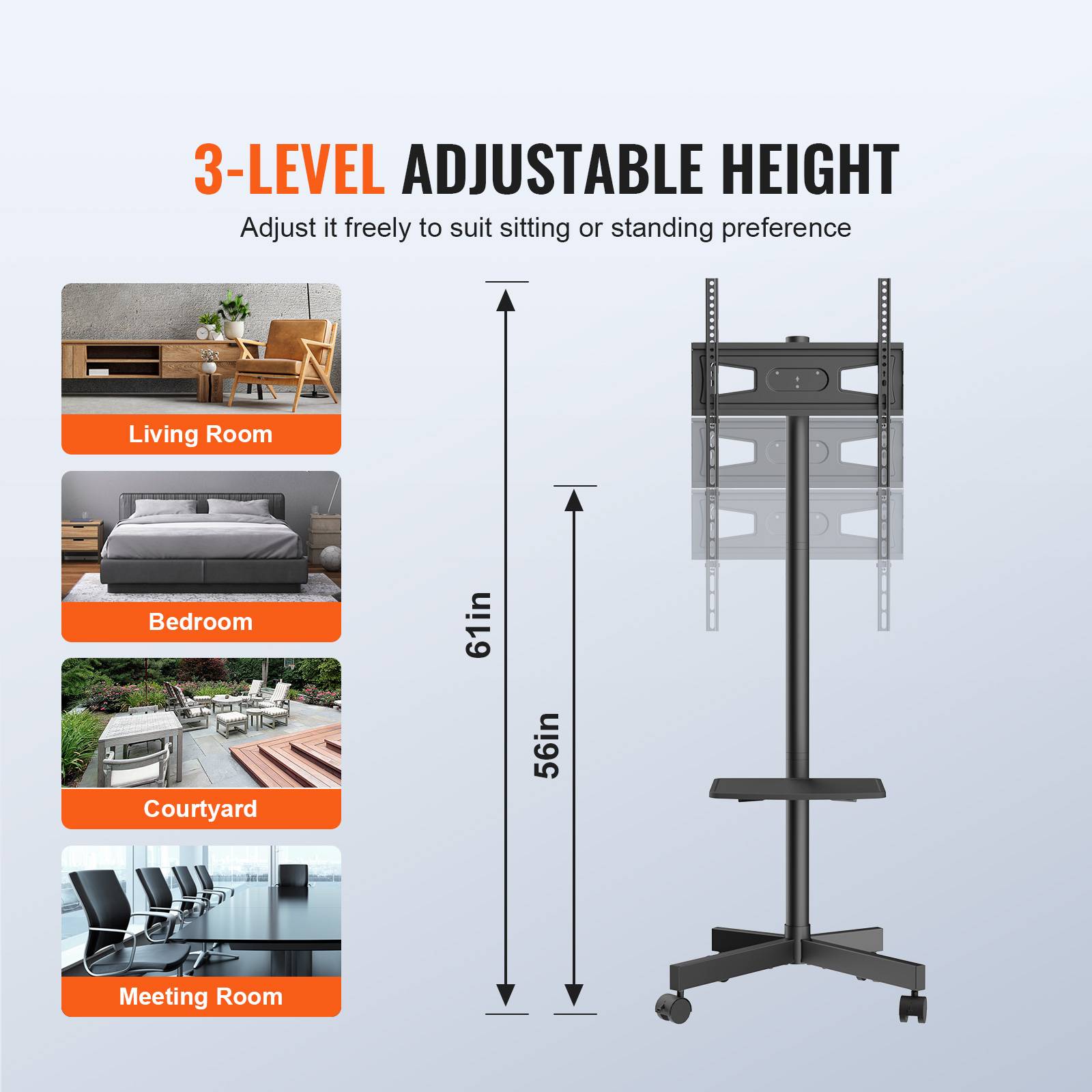 VEVOR Support TV sur pied universel 23-60", hauteur réglable 143-154cm, charge 40kg. - Image 4