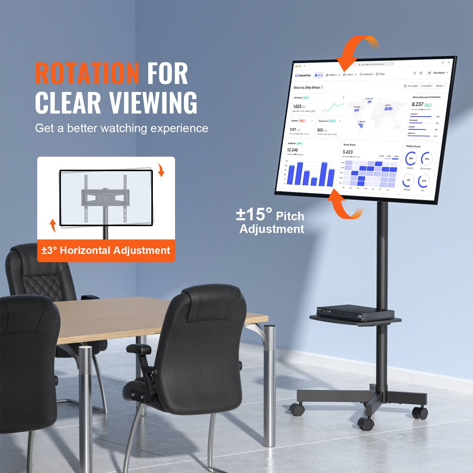 VEVOR Support TV sur pied universel 23-60", hauteur réglable 143-154cm, charge 40kg. - Image 3