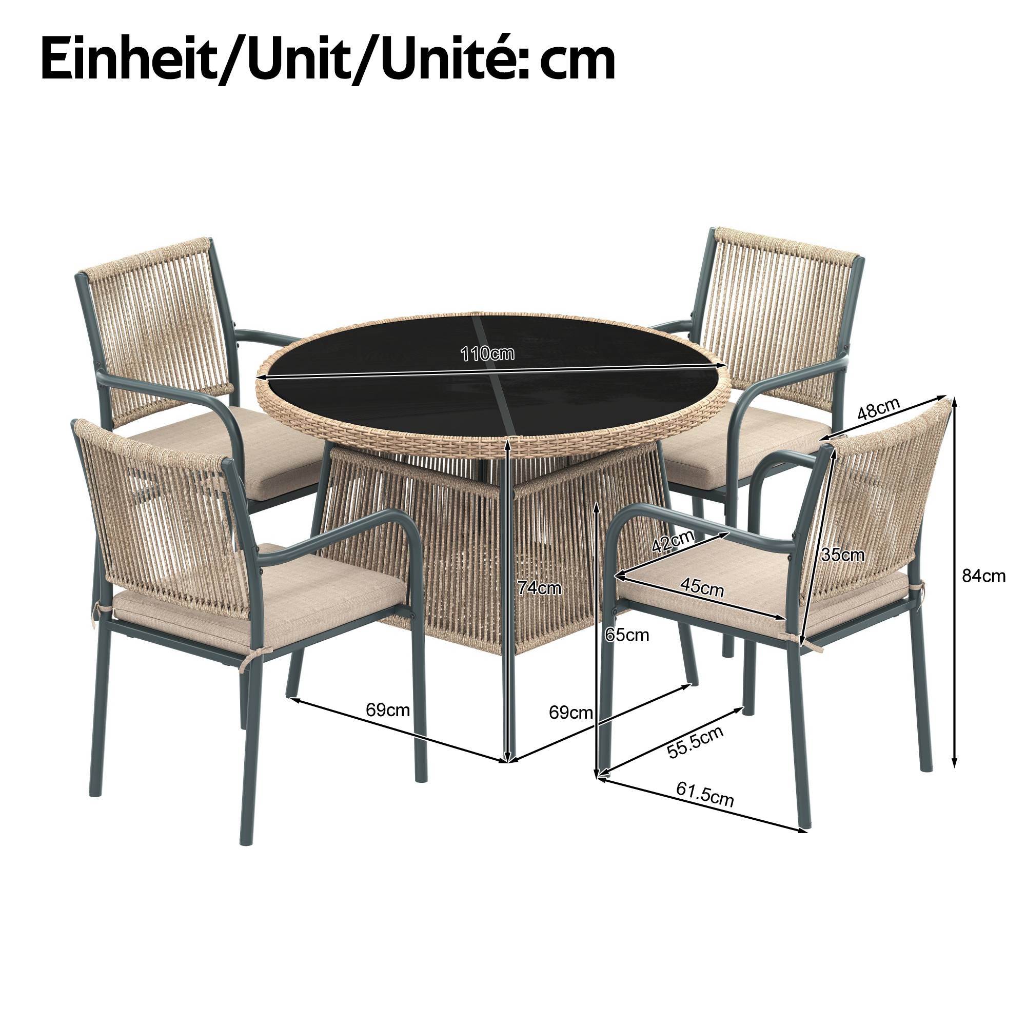 Salon de jardin 4 places Acier Corde Terrasse Table Ronde Verre Trempé Gris - ComfortXL Outdoor Living - Image 3
