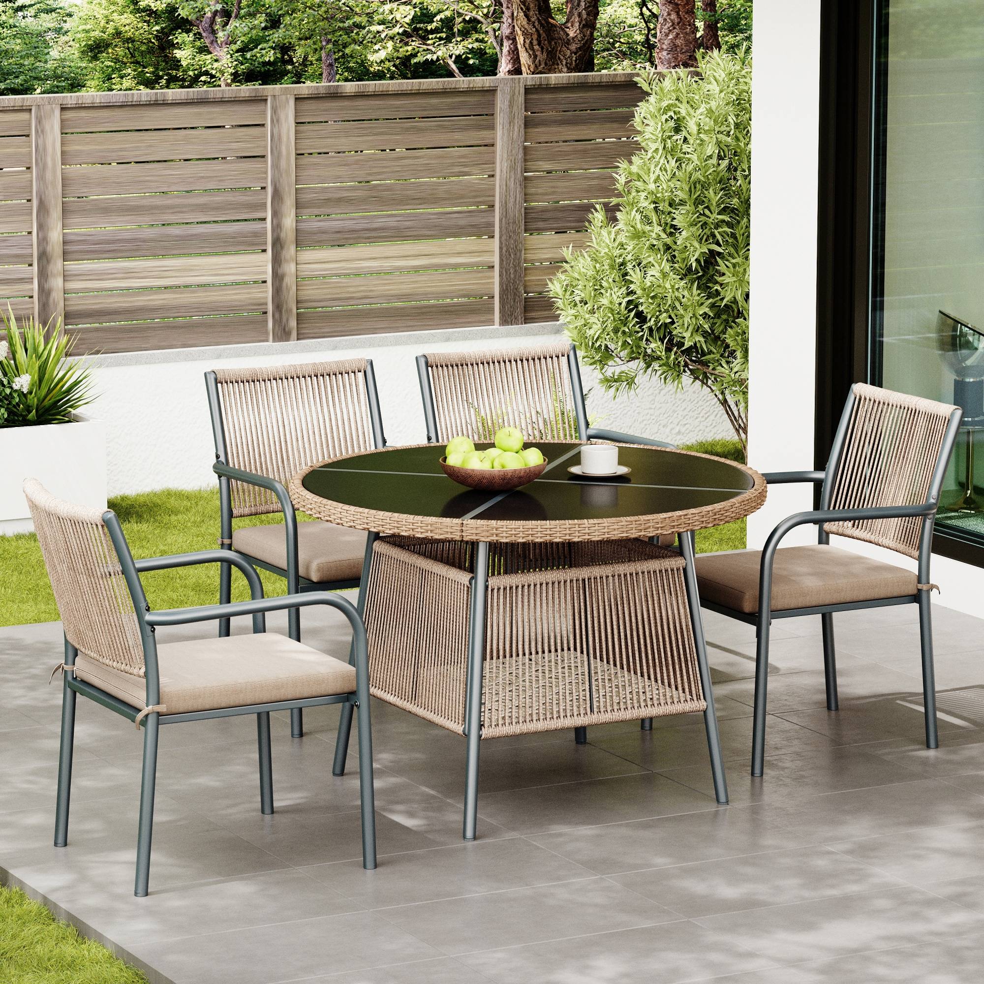 Salon de jardin 4 places Acier Corde Terrasse Table Ronde Verre Trempé Gris - ComfortXL Outdoor Living - Image 4
