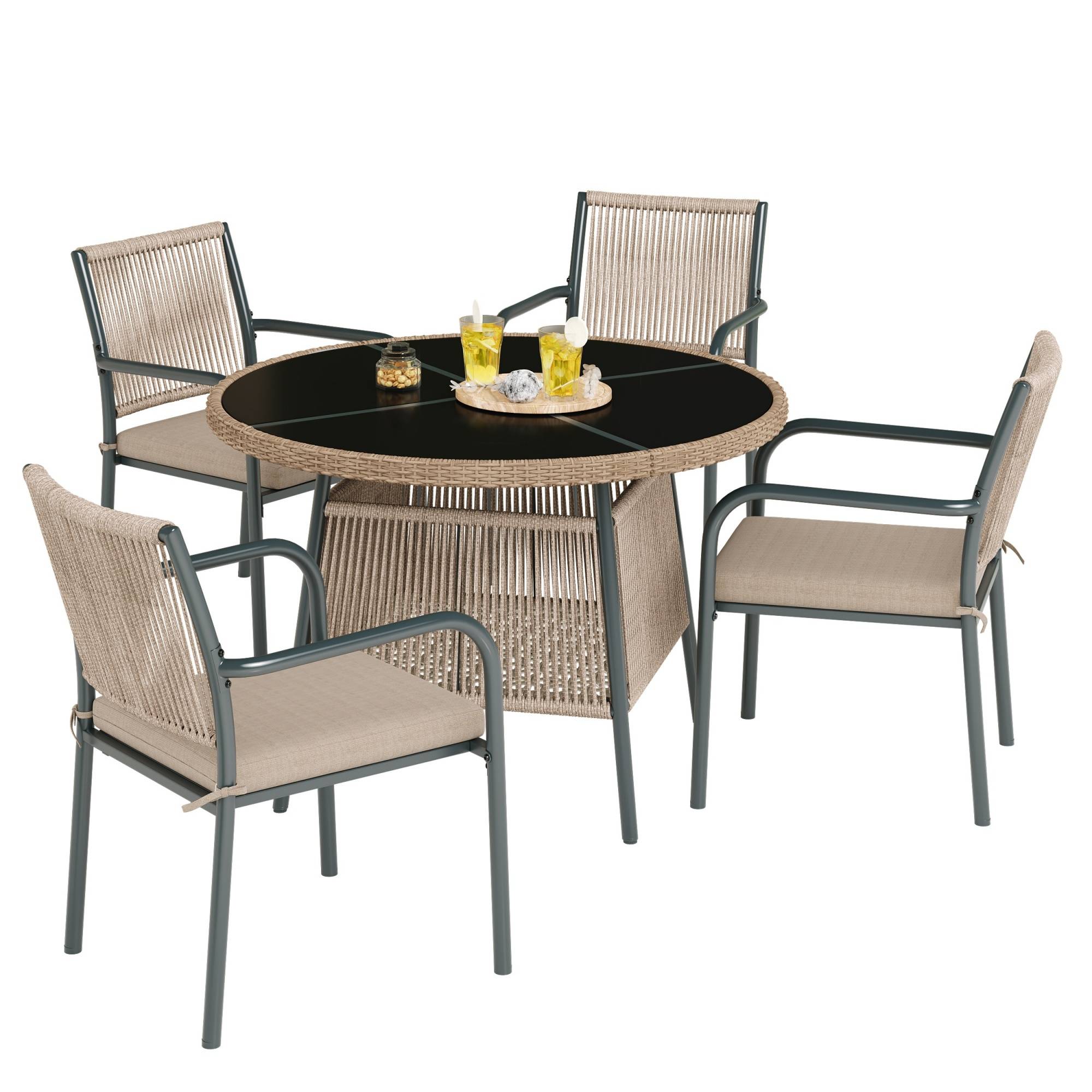 Salon de jardin 4 places Acier Corde Terrasse Table Ronde Verre Trempé Gris - ComfortXL Outdoor Living - Image 2