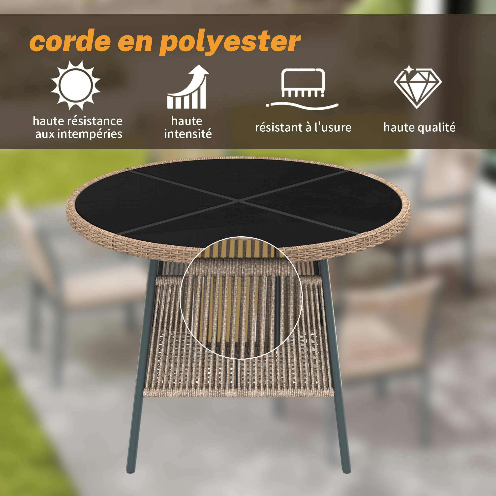 Salon de jardin 4 places Acier Corde Terrasse Table Ronde Verre Trempé Gris - ComfortXL Outdoor Living - Image 6