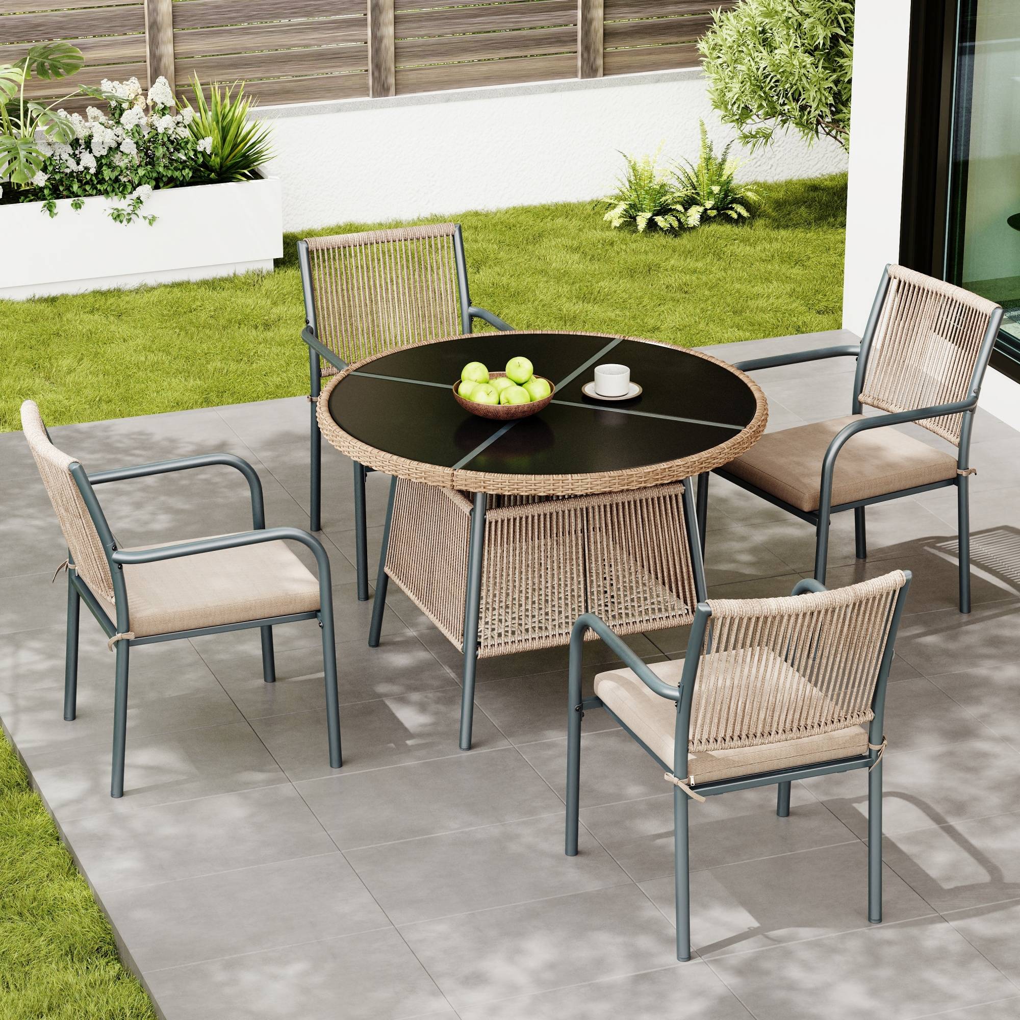 Salon de jardin 4 places Acier Corde Terrasse Table Ronde Verre Trempé Gris - ComfortXL Outdoor Living - Image 1