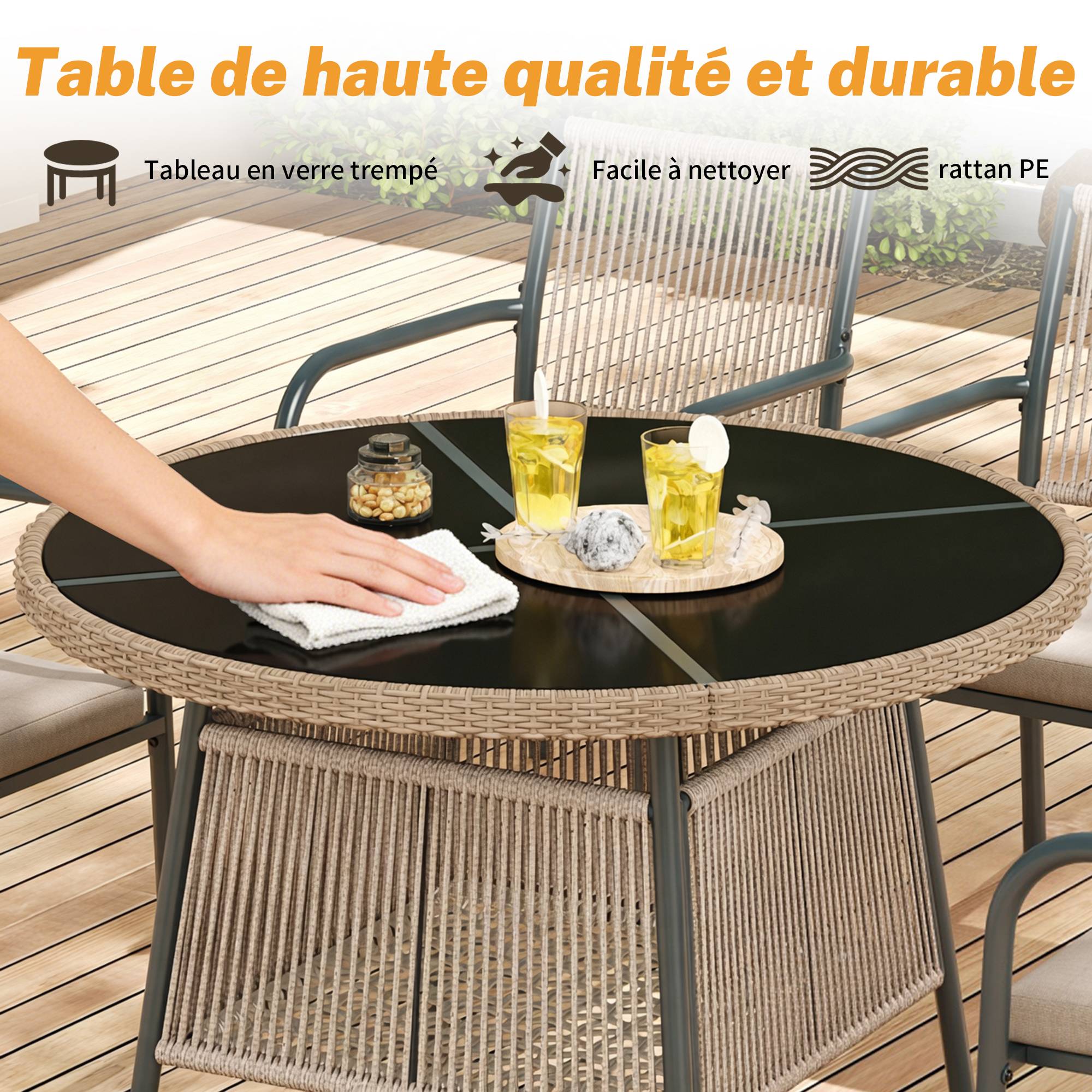 Salon de jardin 4 places Acier Corde Terrasse Table Ronde Verre Trempé Gris - ComfortXL Outdoor Living - Image 5