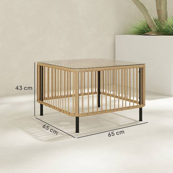 Table carrée polyrattan plateau verre 65x65x43cm aspect bois naturel résistant aux intempéries - Image 3