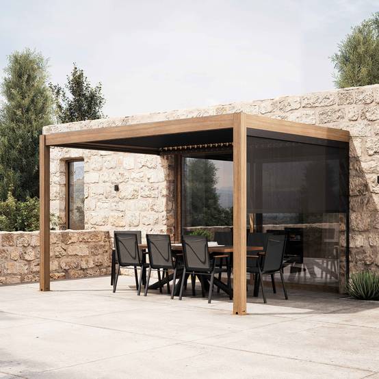 Oviala - Pergola bioclimatique adossée et motorisée éclairée 3x4m et 1 store Thebes - Oviala - Image 1