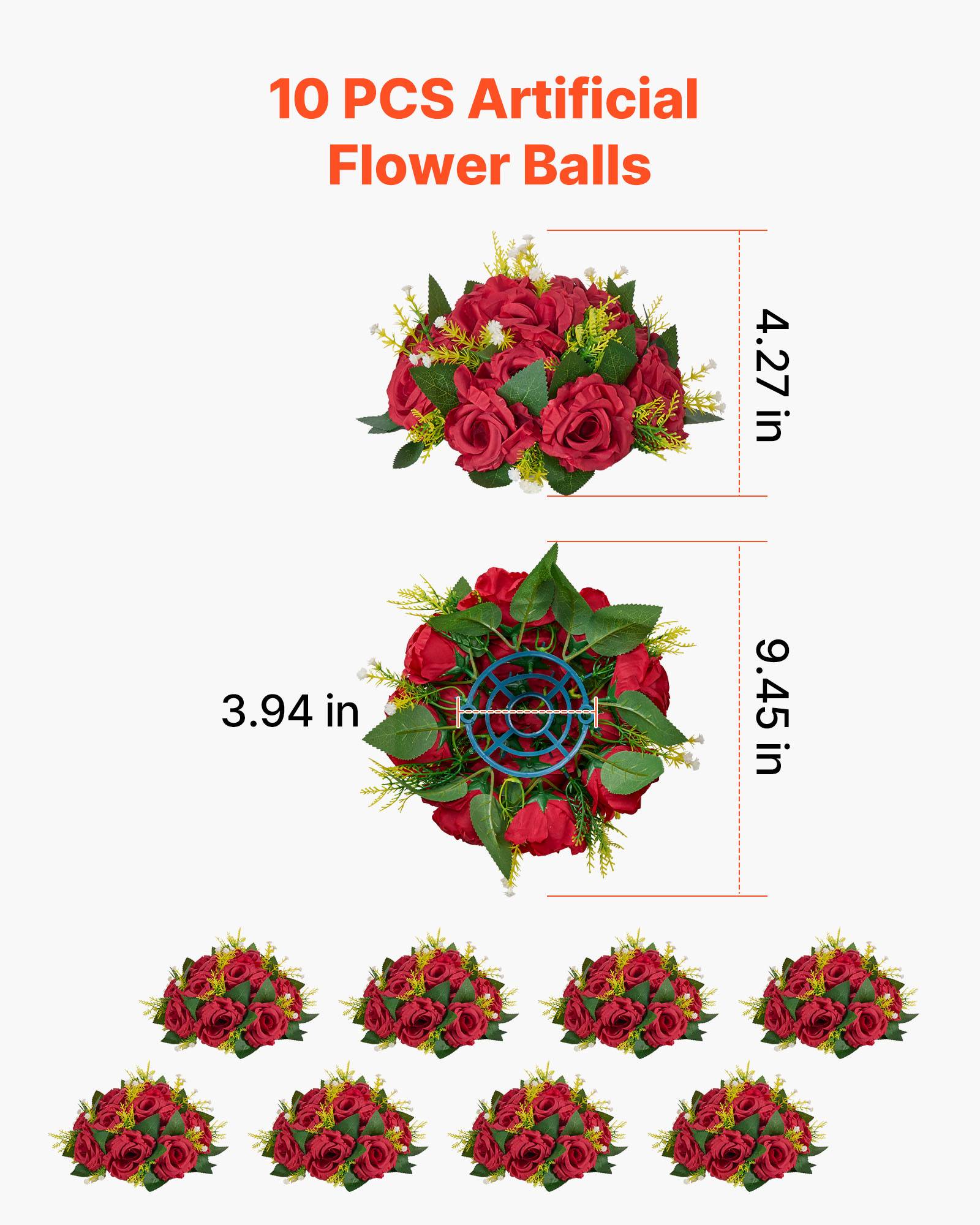 VEVOR Boules de Fleurs Artificielles Centres de Table Lot de 10 24 cm Rose Rouge - Image 3