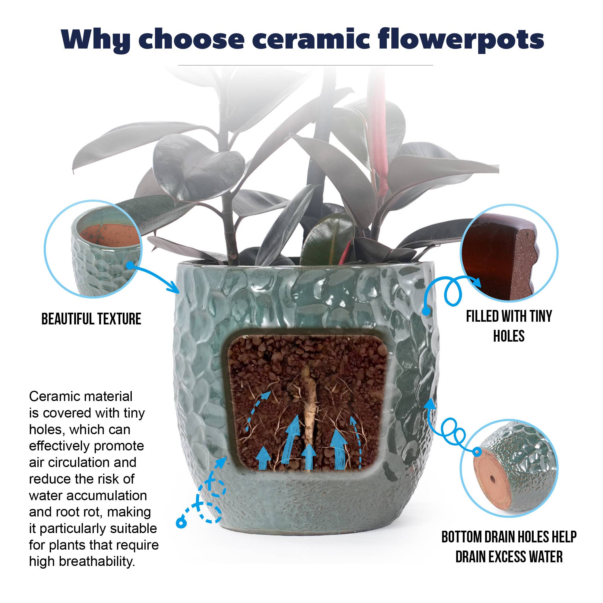ComfortXL - Grand pot de fleurs en céramique Ø38 cm vert foncé pour intérieur et jardin avec drainage et finition martelée - Image 7