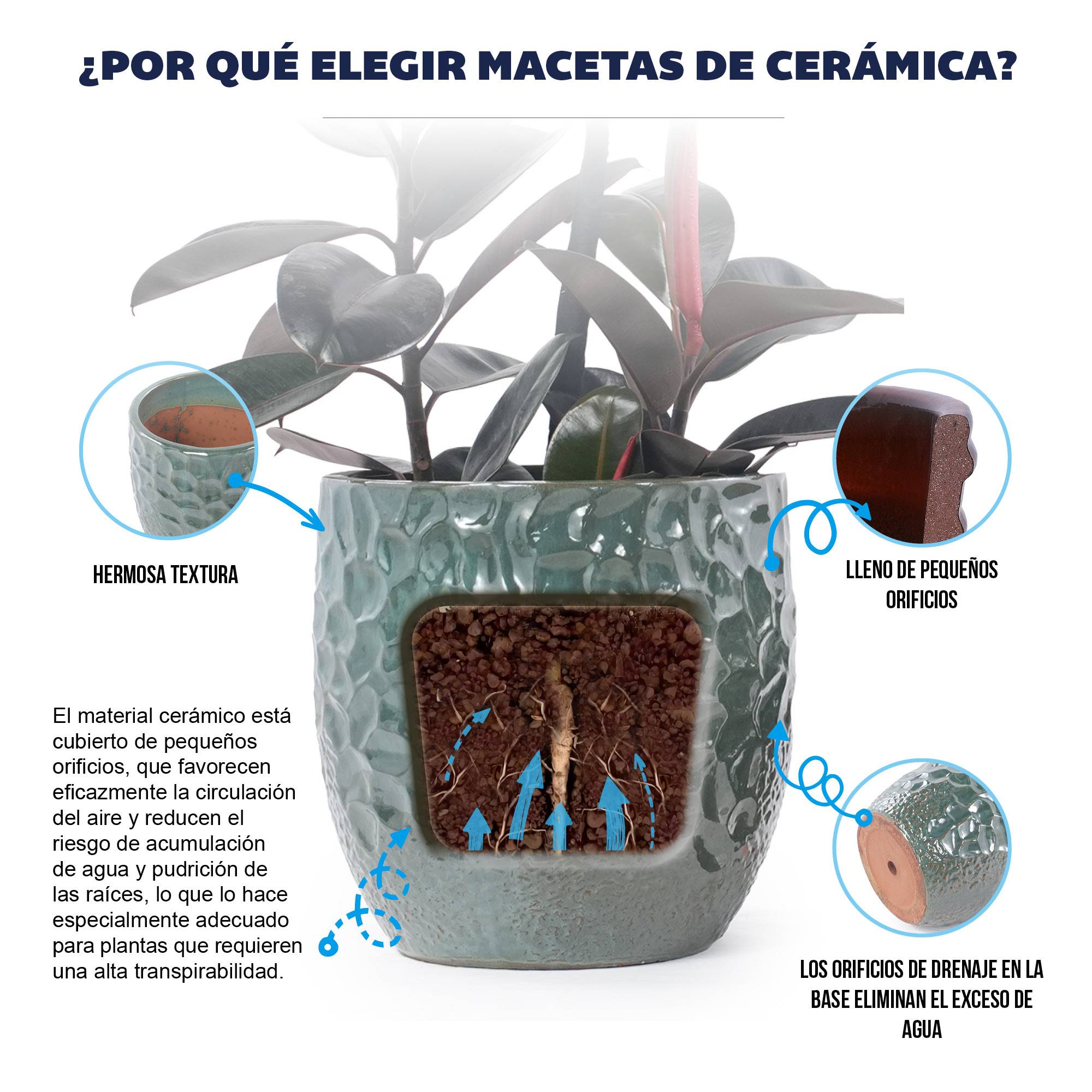 ComfortXL - Grand pot de fleurs en céramique Ø38 cm vert foncé pour intérieur et jardin avec drainage et finition martelée - Image 6