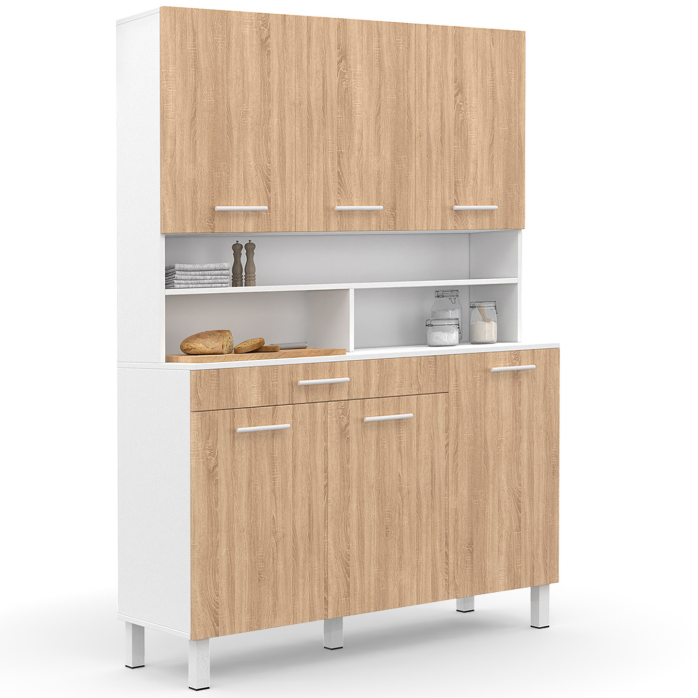 Buffet de cuisine 120 CM CINA 6 portes + tiroir blanc et façon hêtre - Image 1