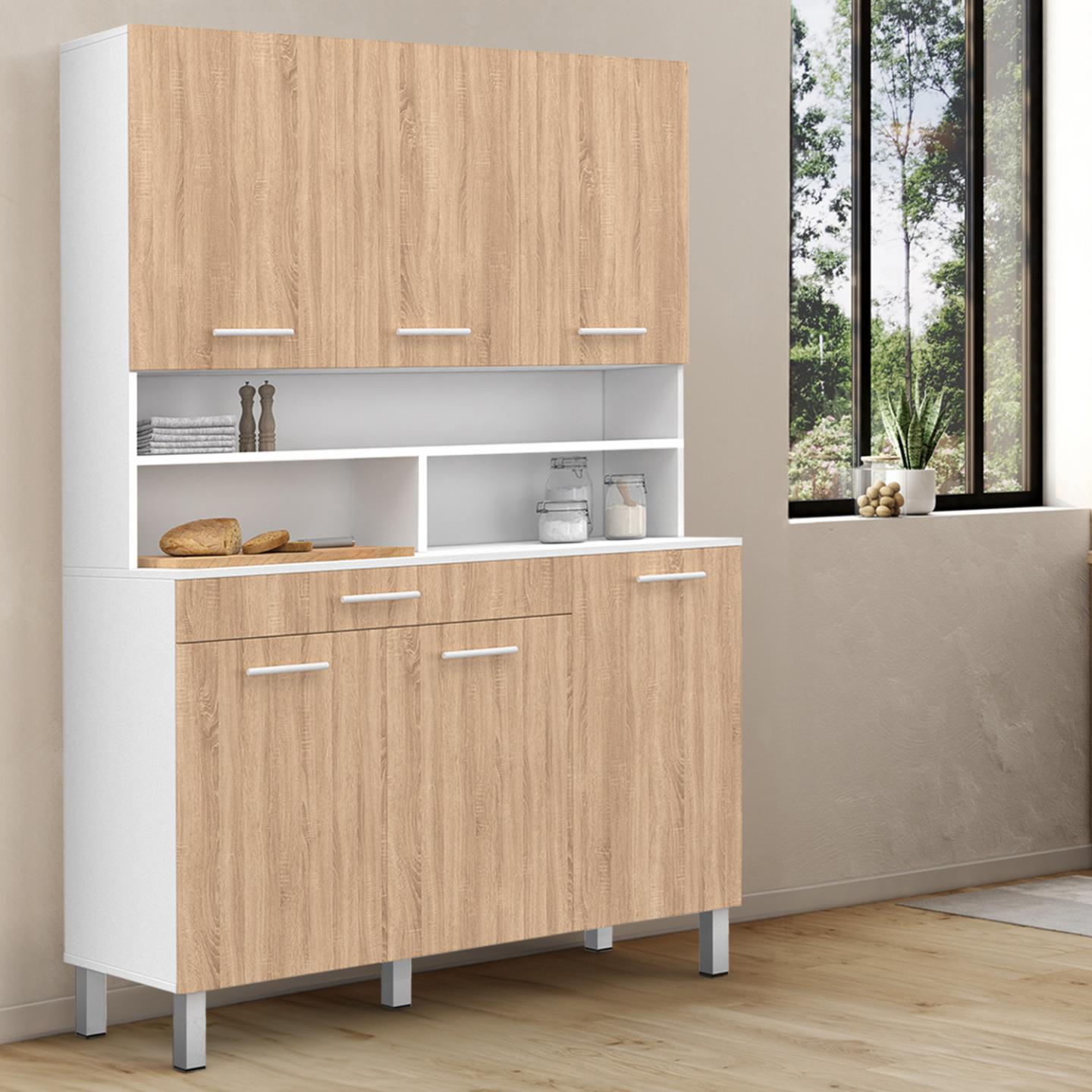 Buffet de cuisine 120 CM CINA 6 portes + tiroir blanc et façon hêtre - Image 2