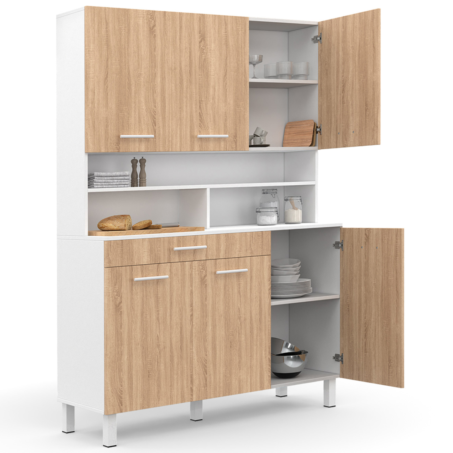 Buffet de cuisine 120 CM CINA 6 portes + tiroir blanc et façon hêtre - Image 4