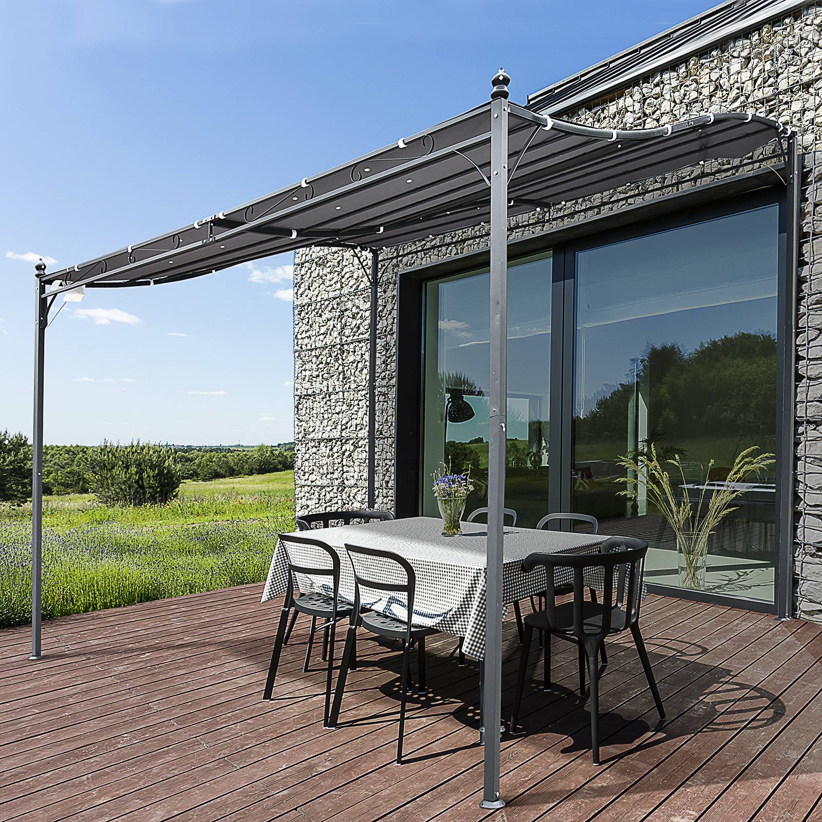 Pergola Adossée 3x3 m Acier et Polyester pour Jardin Terrasse Toit Incurvé Drainage Intégré Gris - ComfortXL Outdoor Living - Image 3