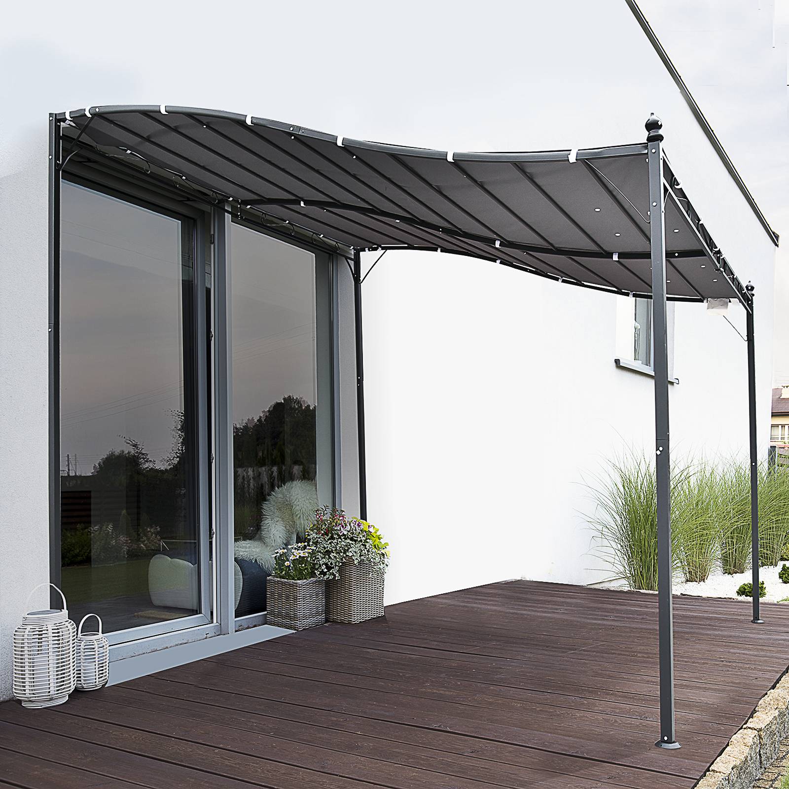 Pergola Adossée 3x3 m Acier et Polyester pour Jardin Terrasse Toit Incurvé Drainage Intégré Gris - ComfortXL Outdoor Living - Image 4