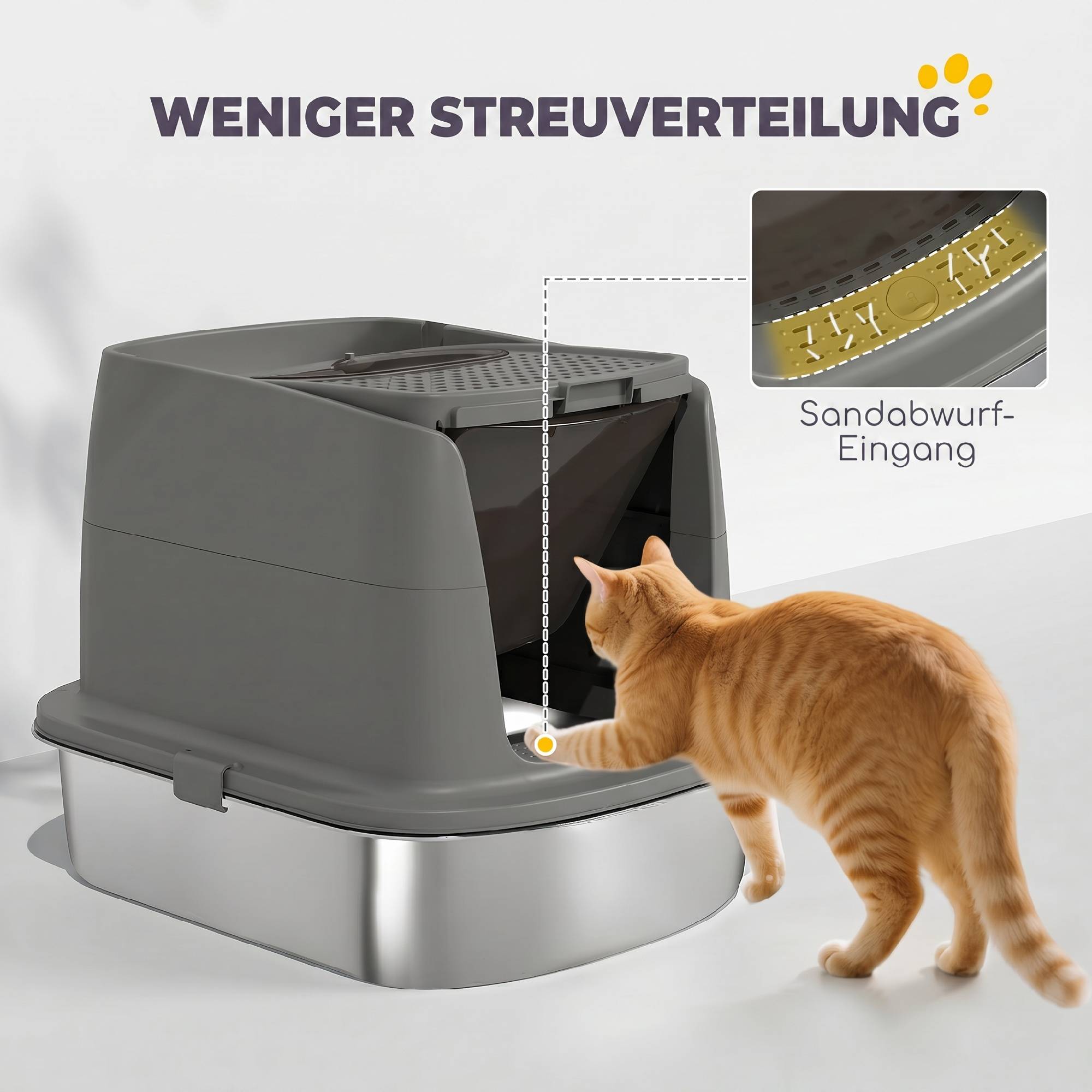 Grand bac à litière pour chat en acier inoxydable, avec bac fermé, pelle en métal et sac désodorisant, gris foncé - Image 8